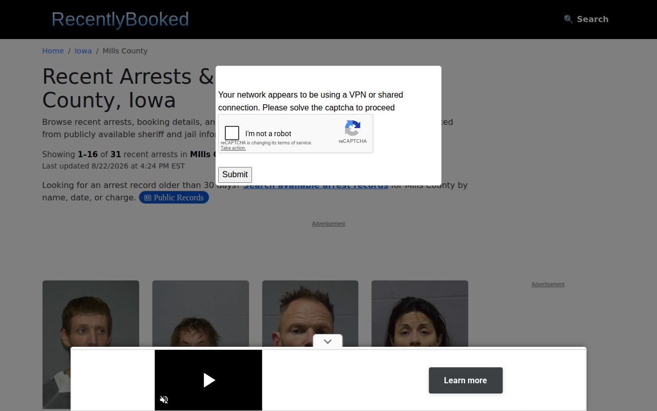 Unofficial RecentlyBooked Mills County arrest page