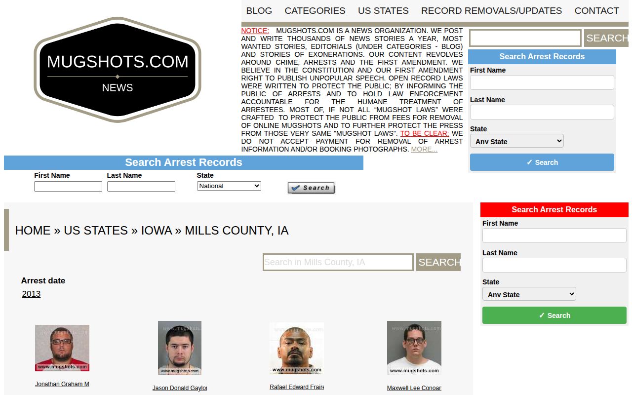 Stale unofficial Mugshots.com Mills County archive