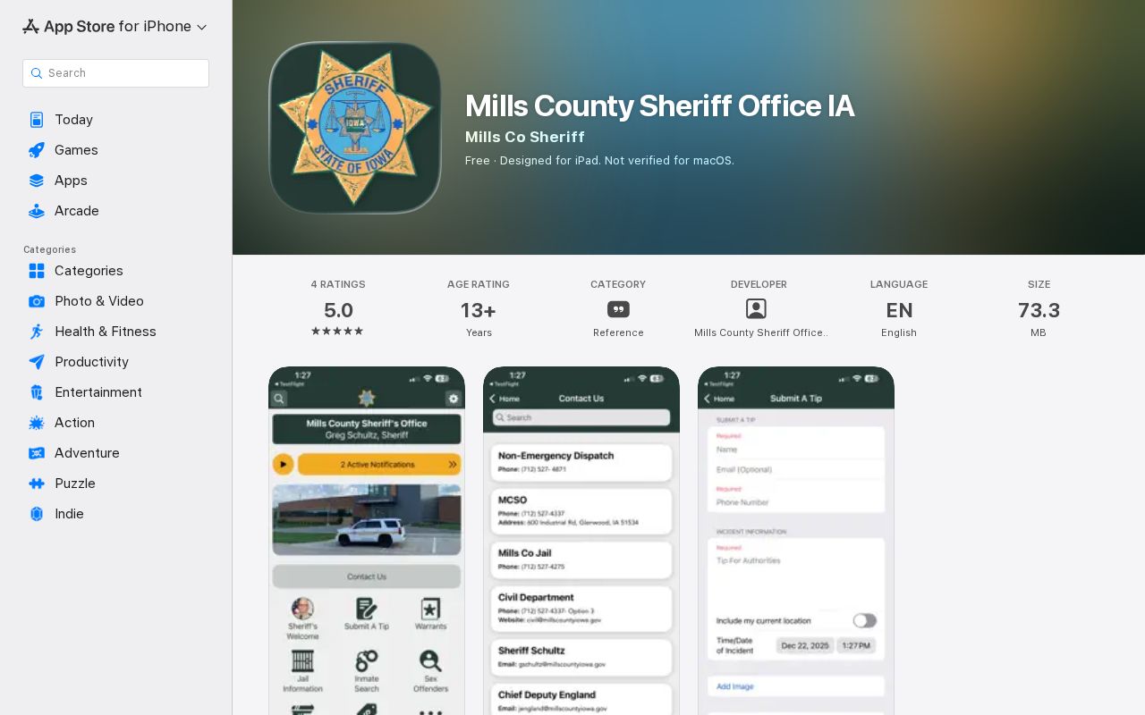 Mills County sheriff app route for current inmate booking records